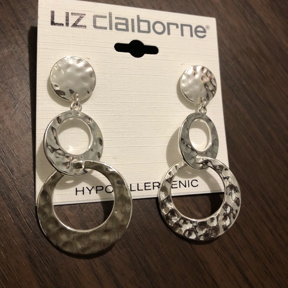 2” Liz Claiborne Hypoallergenic Silver Tone Round Circles Dangle earrings B22 - Picture 1 of 9
